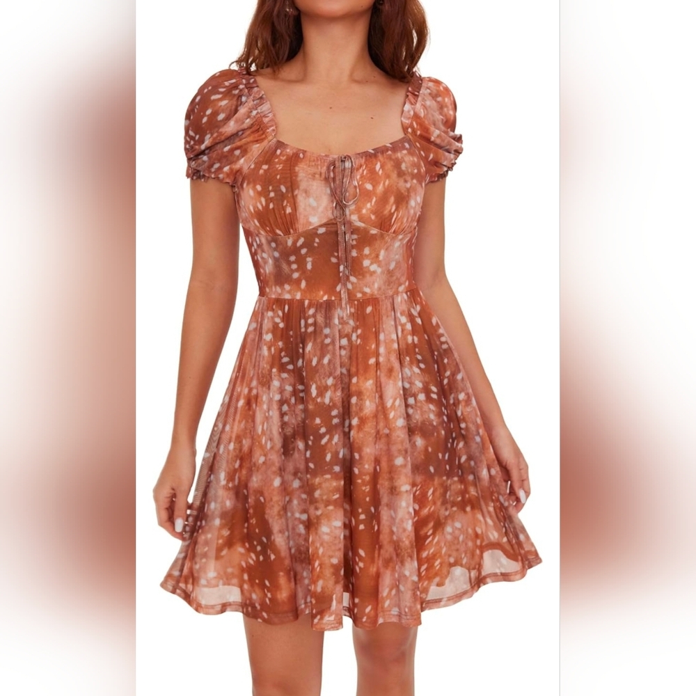 NWT CIDER Women's Puff Short Sleeve Mini Dress Floral Print Peasant BOHO SM 😀 - Picture 2 of 10